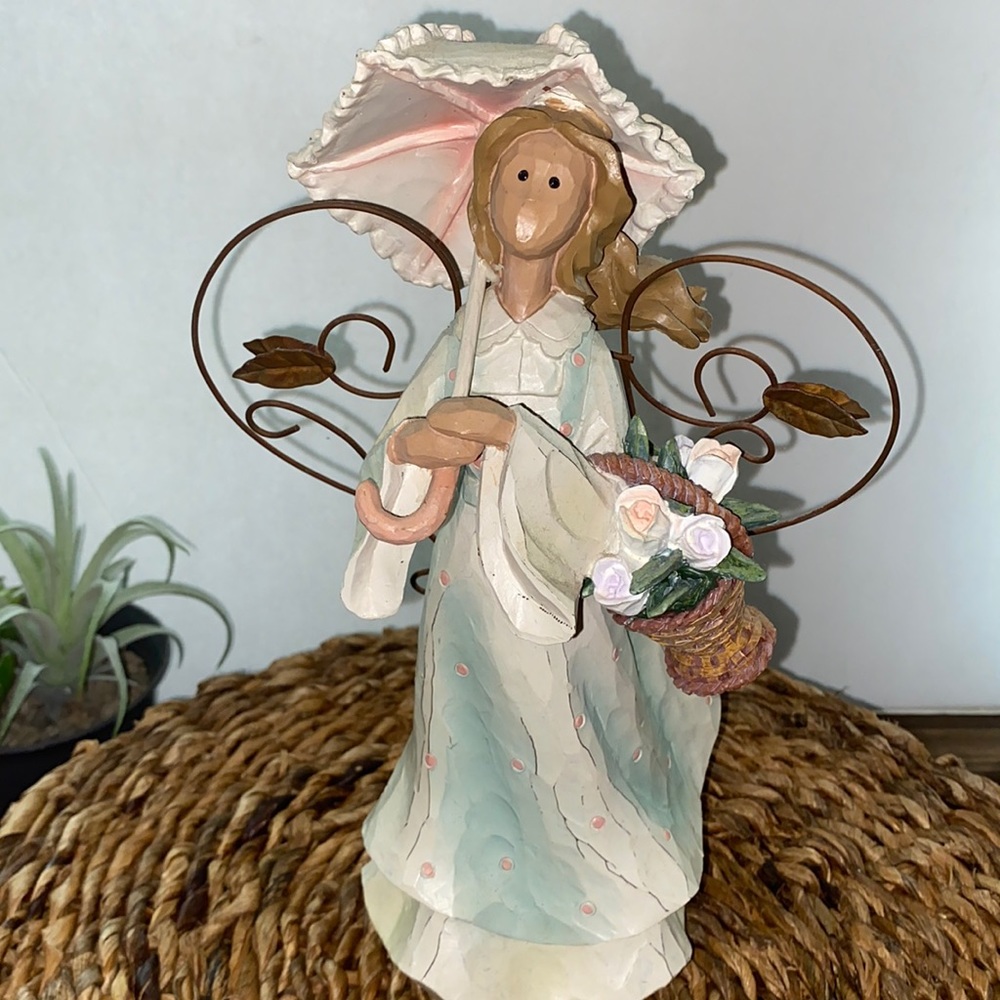 Roman Inc Spring Angel Accents figurine umbrella floral accents 10” pink